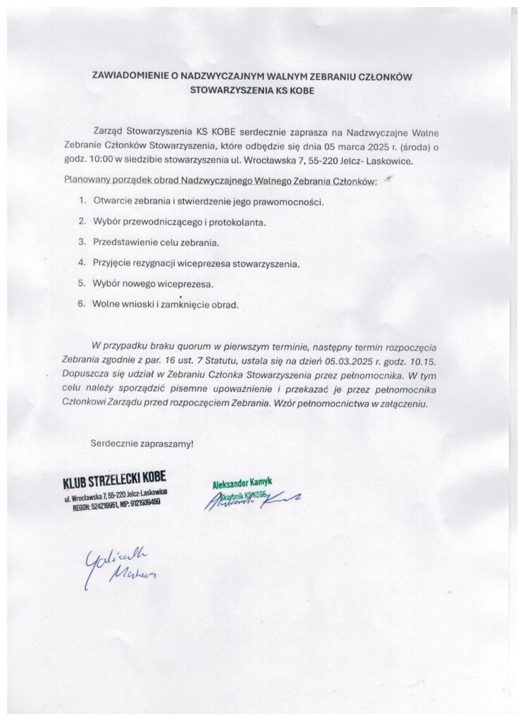 Zawiadomienie o Nadzwyczajnym Walnym Zebraniu Członków Stowarzyszenia KS KOBE